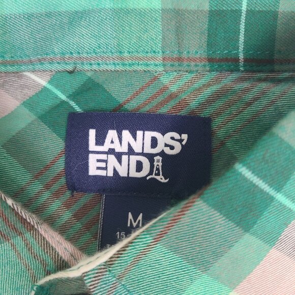 Land's End Shirt Men's Medium 15-15.5 Green Plaid Button Up Long Sleeve Cotton - Picture 2 of 7